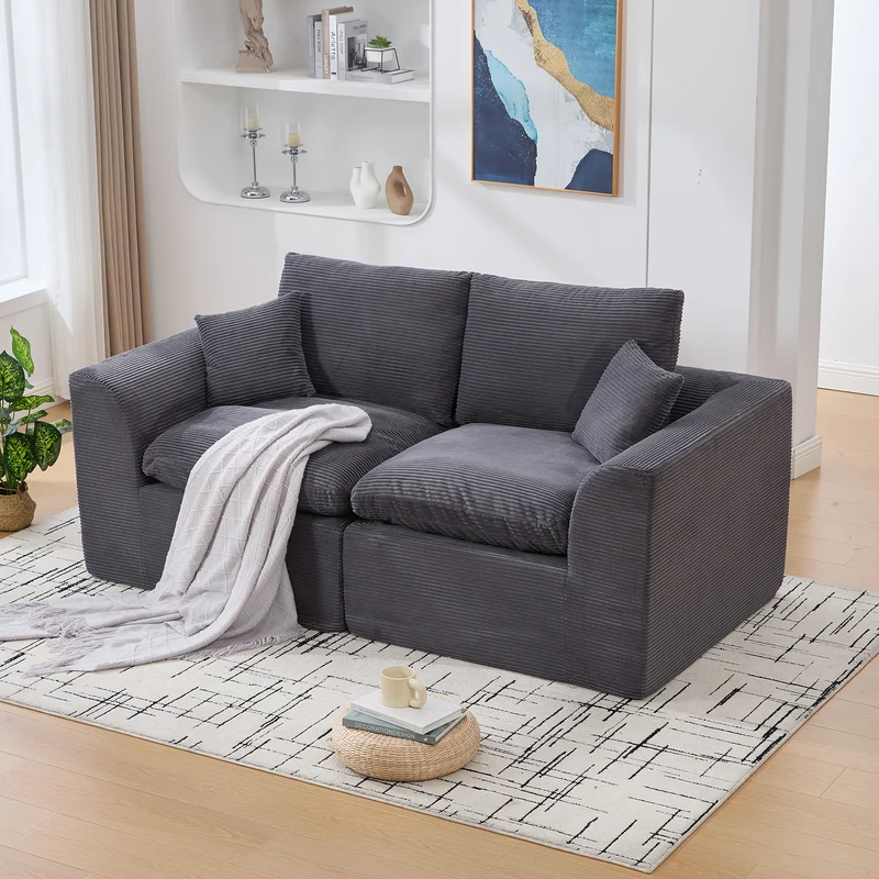 Canapé 2 places en velours côtelé gris foncé avec coussins AURAITA
