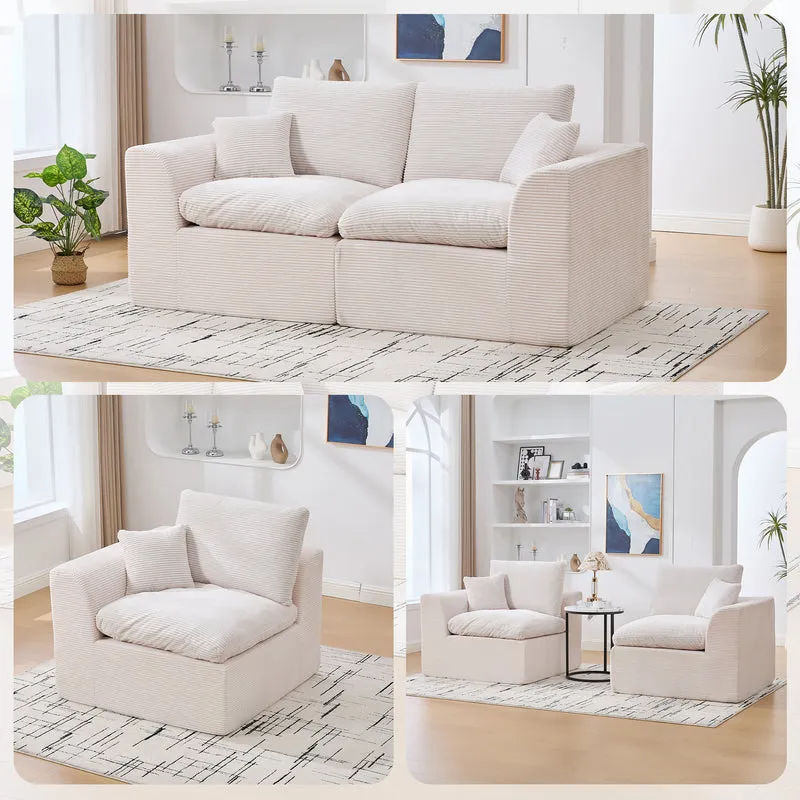 Canapé 2 places en velours côtelé beige 204x102,5x84cm CRESCENTORA