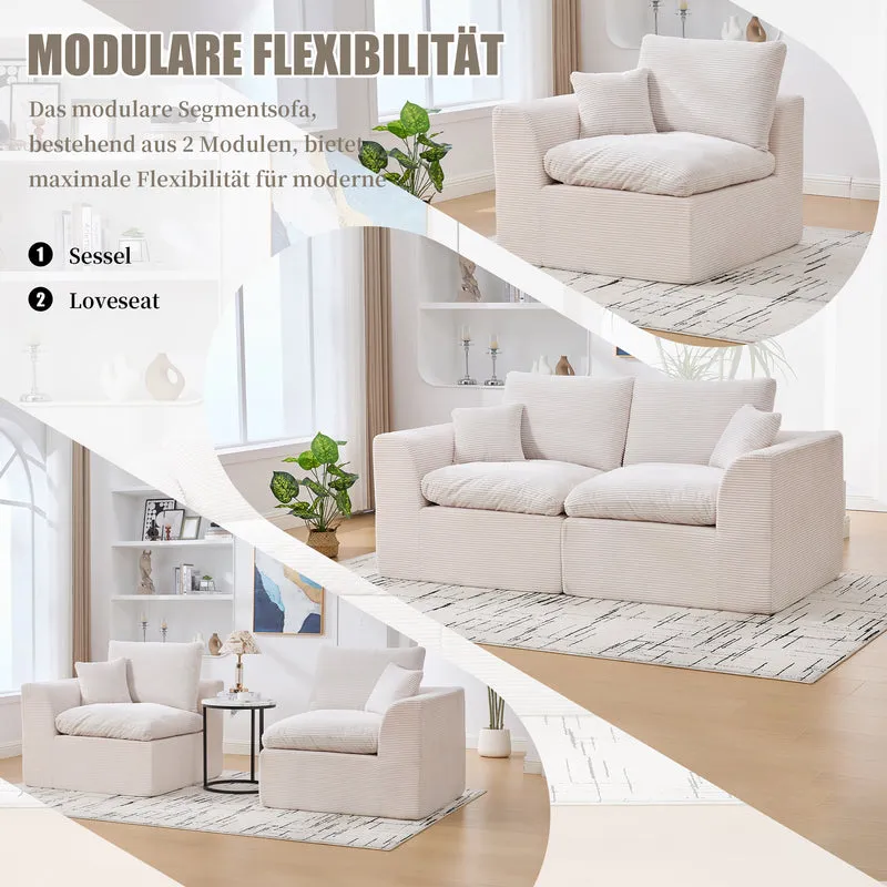 Canapé 2 places en velours côtelé beige 204x102,5x84cm CRESCENTORA