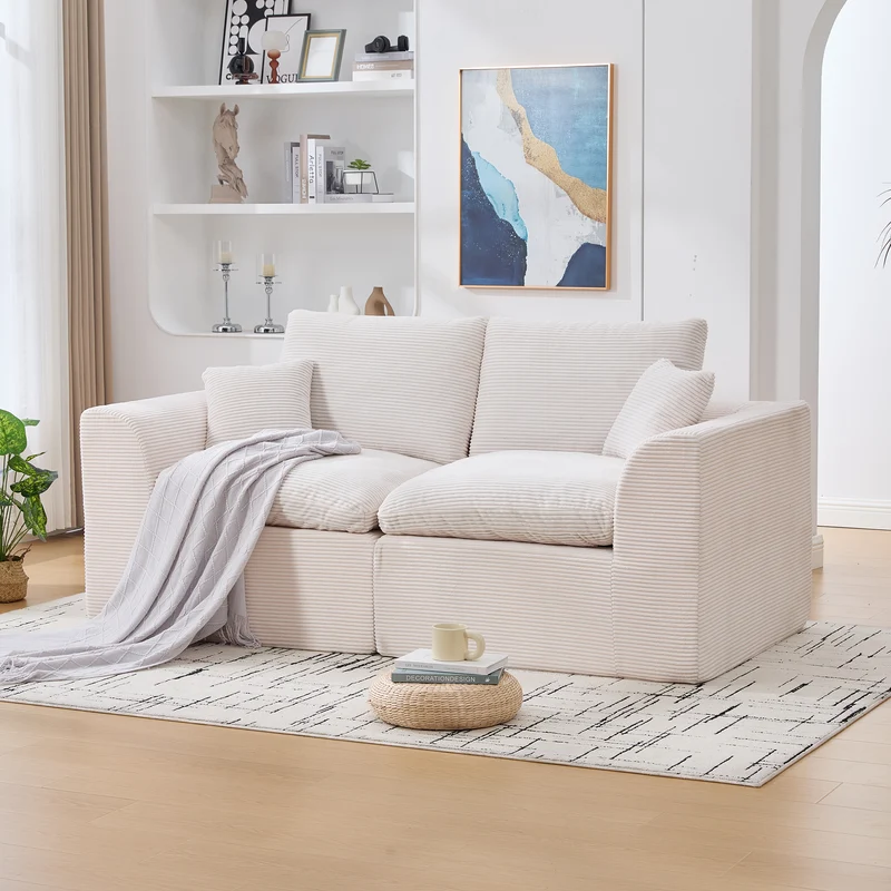 Canapé 2 places en velours côtelé beige 204x102,5x84cm CRESCENTORA