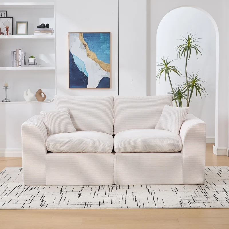 Canapé 2 places en velours côtelé beige 204x102,5x84cm CRESCENTORA