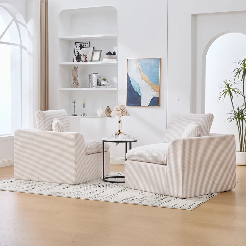 Canapé 2 places en velours côtelé beige 204x102,5x84cm CRESCENTORA