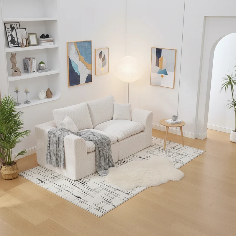 Canapé 2 places en velours côtelé beige 204x102,5x84cm CRESCENTORA