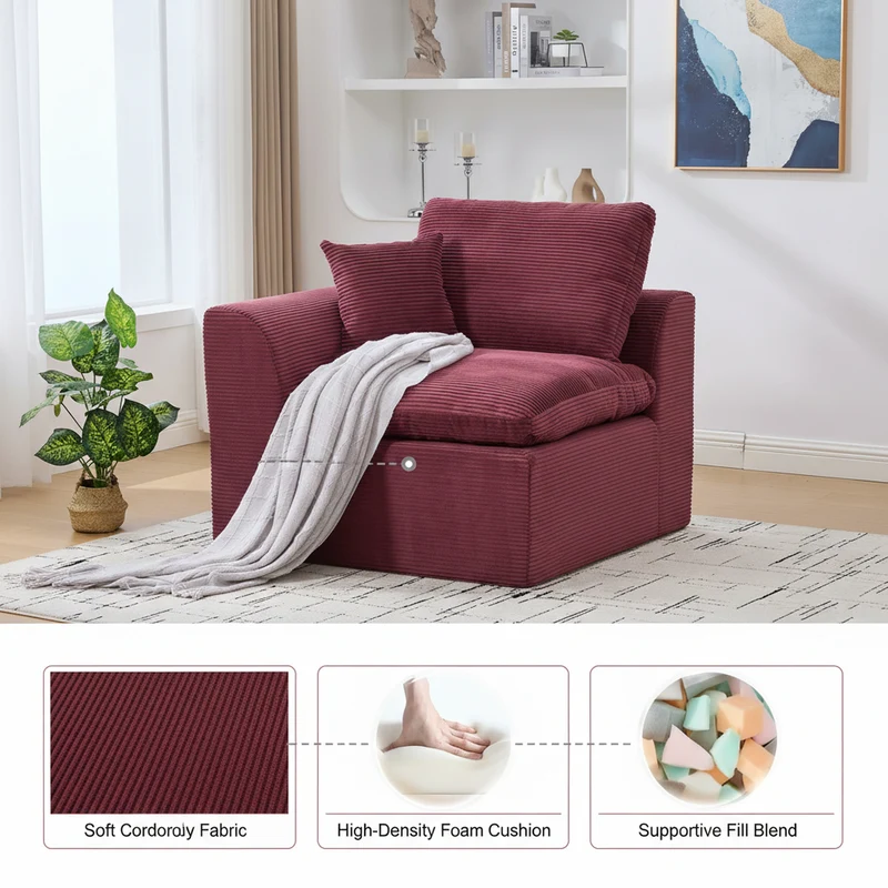 Fauteuil chauffeuse modulable en velours côtelé prune 101x102,5x84cm NOVAEON