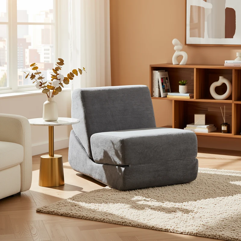 Canapé fauteuil convertible flanelle gris 3-en-1 matelas 1 place pliant ECHOELLA