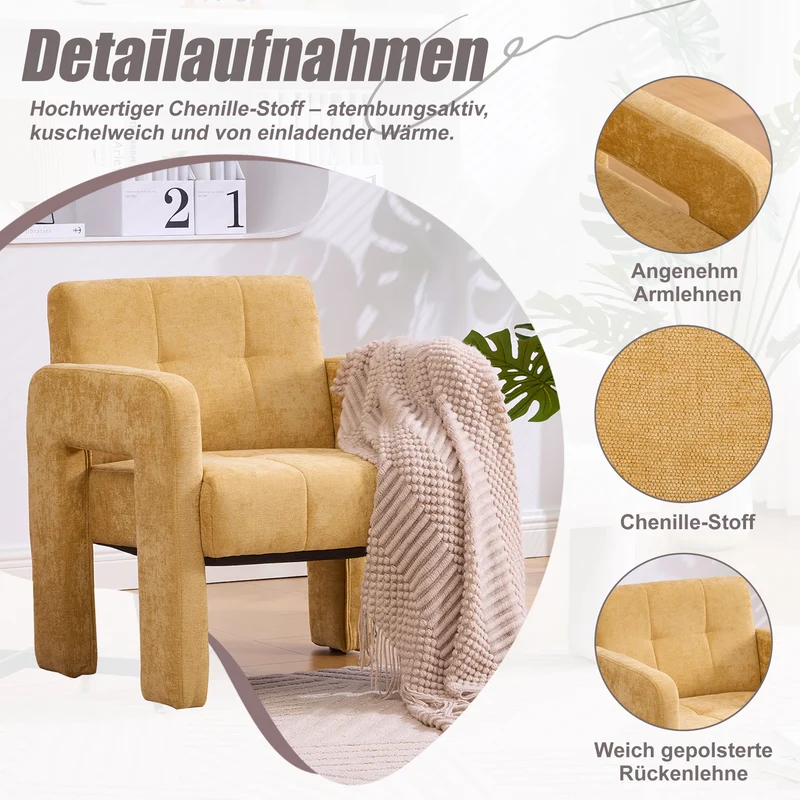 Fauteuil en chenille jaune moutarde 67,5x69x74,5cm CRESCENTELLE