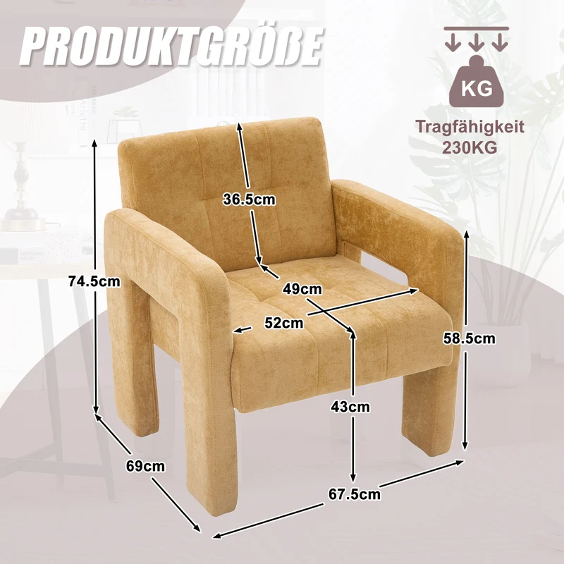 Fauteuil en chenille jaune moutarde 67,5x69x74,5cm CRESCENTELLE