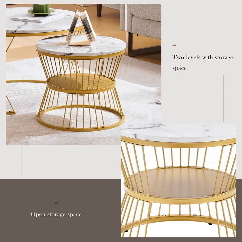 Ensemble de 2 tables basses rondes gigognes effet marbre blanc, piètement doré VIBRATIO