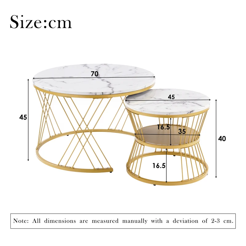 Ensemble de 2 tables basses rondes gigognes effet marbre blanc, piètement doré VIBRATIO