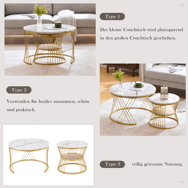 Ensemble de 2 tables basses rondes gigognes effet marbre blanc, piètement doré VIBRATIO