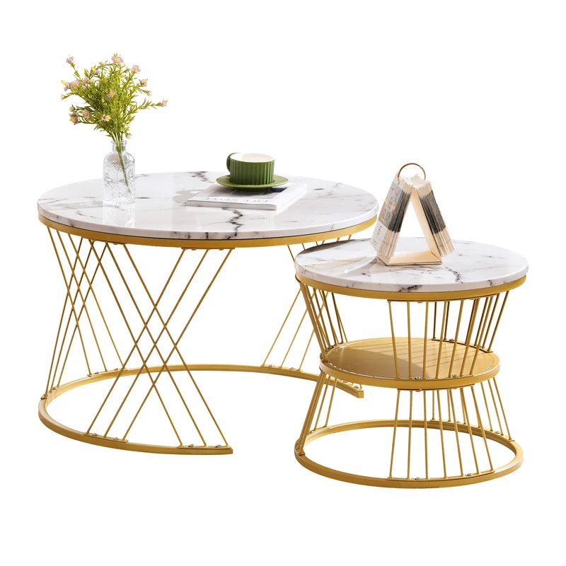 Ensemble de 2 tables basses rondes gigognes effet marbre blanc, piètement doré VIBRATIO