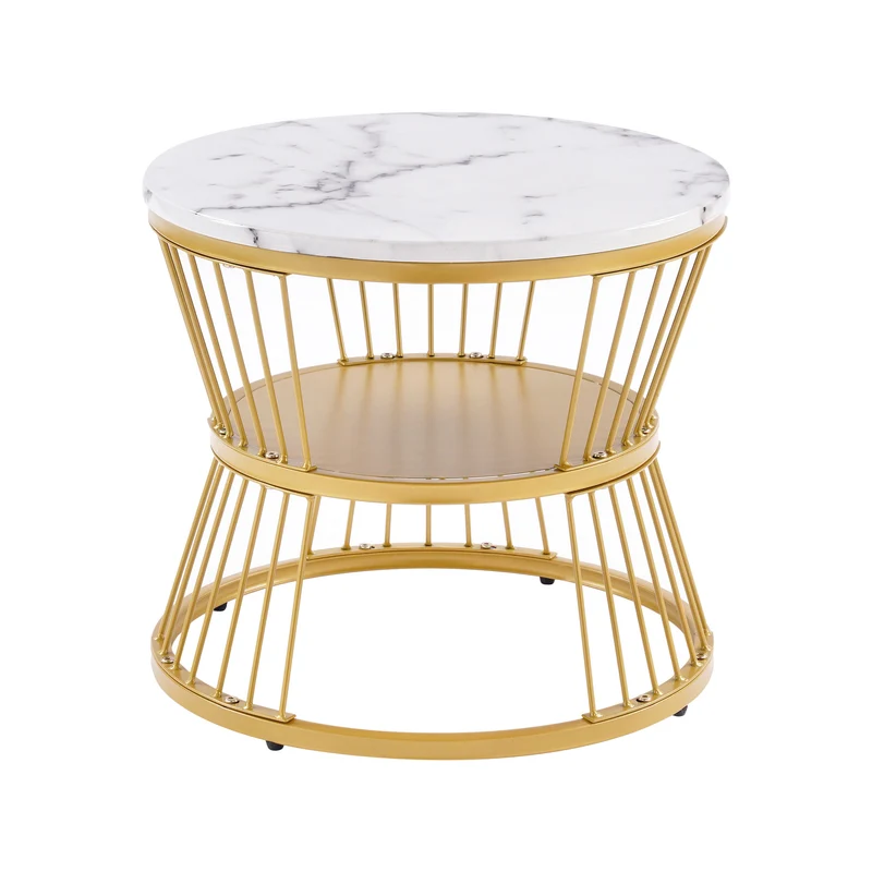 Ensemble de 2 tables basses rondes gigognes effet marbre blanc, piètement doré VIBRATIO