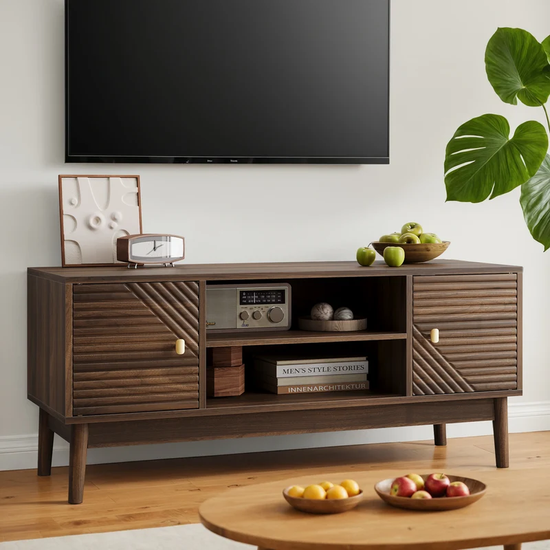 Meuble TV effet bois vintage 2 portes et 2 niches MUCILAGE