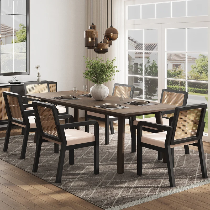 Lot de 2 de chaises de salle à manger dossier rotin, velours beige et bois noir - élégance rétro HELIOCURRENT