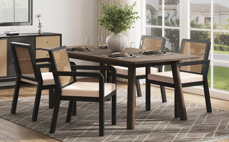 Lot de 2 de chaises de salle à manger dossier rotin, velours beige et bois noir - élégance rétro HELIOCURRENT