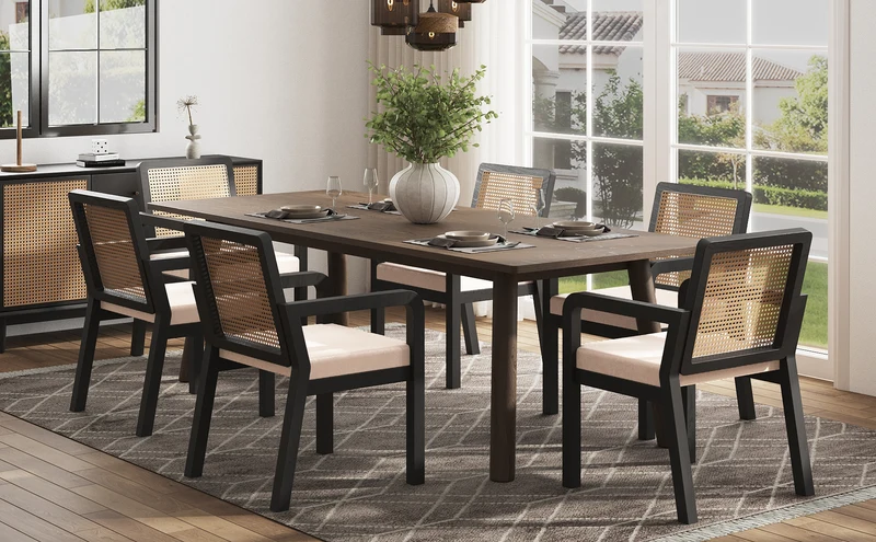 Lot de 2 de chaises de salle à manger dossier rotin, velours beige et bois noir - élégance rétro HELIOCURRENT