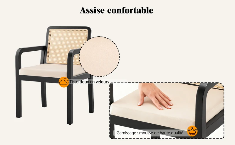 Lot de 2 de chaises de salle à manger dossier rotin, velours beige et bois noir - élégance rétro HELIOCURRENT