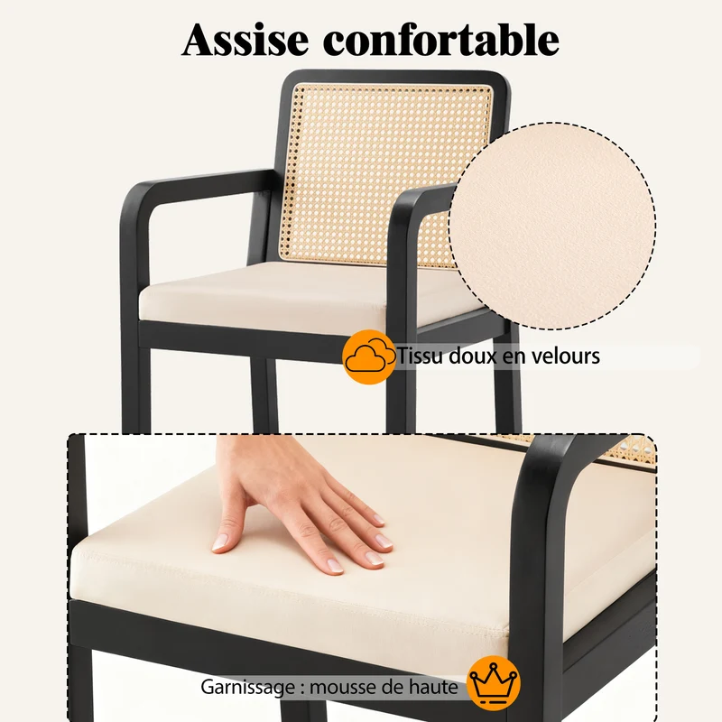 Lot de 2 de chaises de salle à manger dossier rotin, velours beige et bois noir - élégance rétro HELIOCURRENT