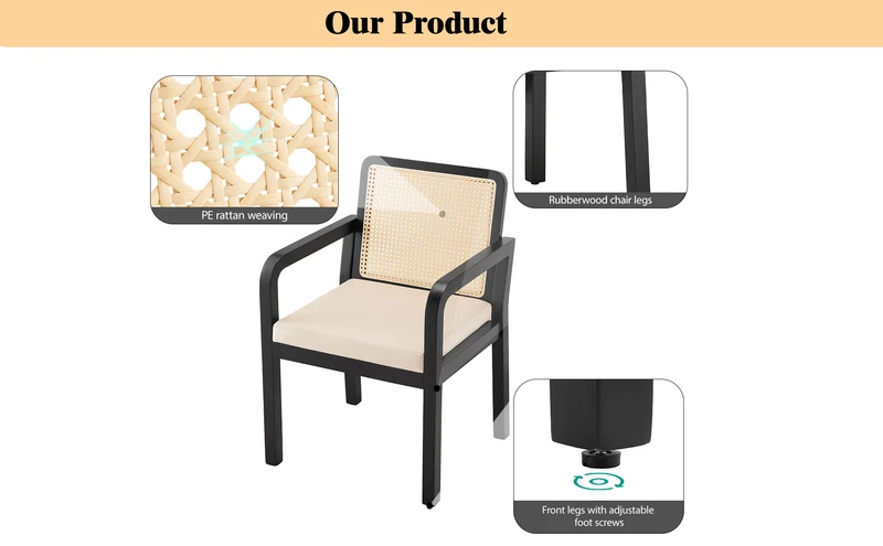 Lot de 2 de chaises de salle à manger dossier rotin, velours beige et bois noir - élégance rétro HELIOCURRENT