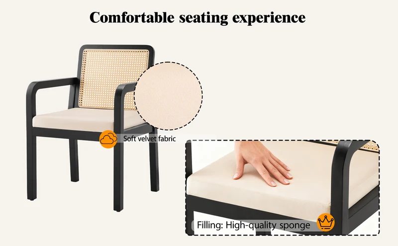Lot de 2 de chaises de salle à manger dossier rotin, velours beige et bois noir - élégance rétro HELIOCURRENT