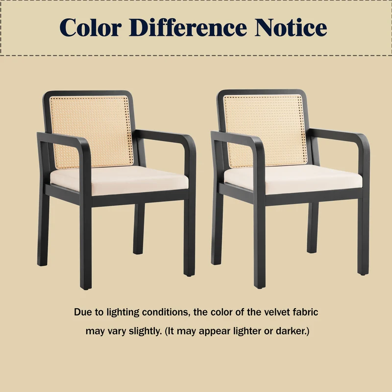 Lot de 2 de chaises de salle à manger dossier rotin, velours beige et bois noir - élégance rétro HELIOCURRENT