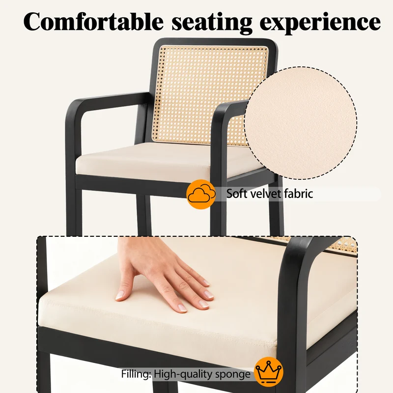 Lot de 2 de chaises de salle à manger dossier rotin, velours beige et bois noir - élégance rétro HELIOCURRENT