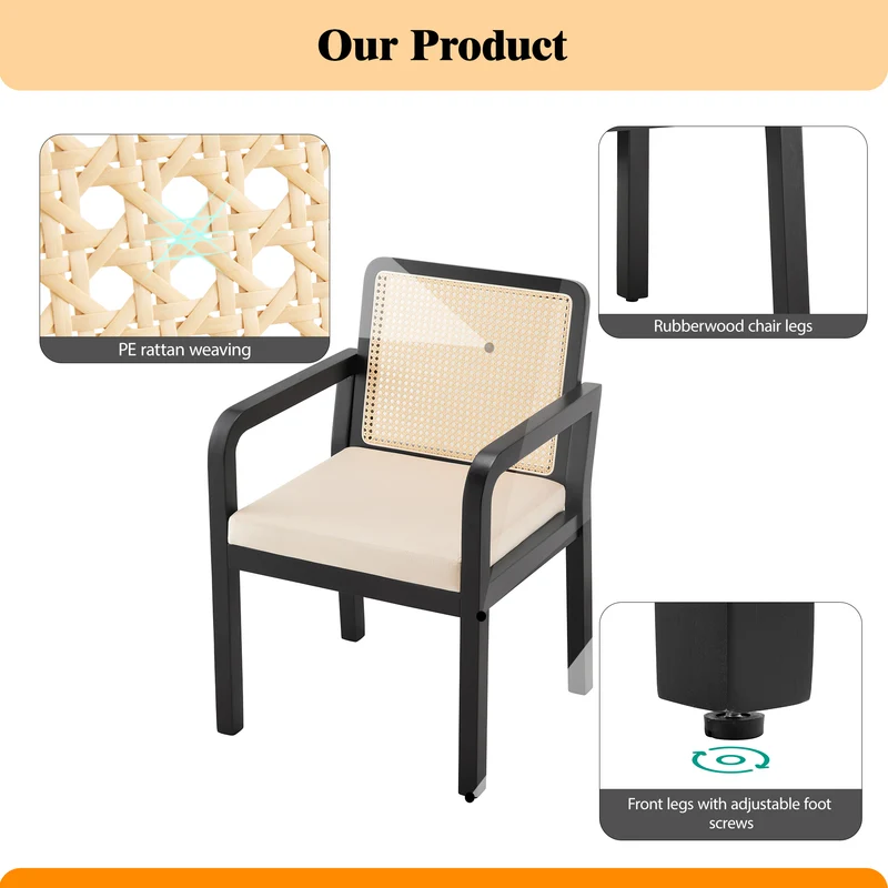 Lot de 2 de chaises de salle à manger dossier rotin, velours beige et bois noir - élégance rétro HELIOCURRENT