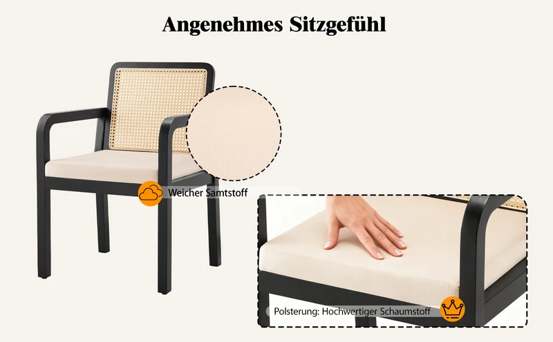 Lot de 2 de chaises de salle à manger dossier rotin, velours beige et bois noir - élégance rétro HELIOCURRENT