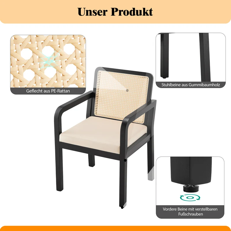 Lot de 2 de chaises de salle à manger dossier rotin, velours beige et bois noir - élégance rétro HELIOCURRENT