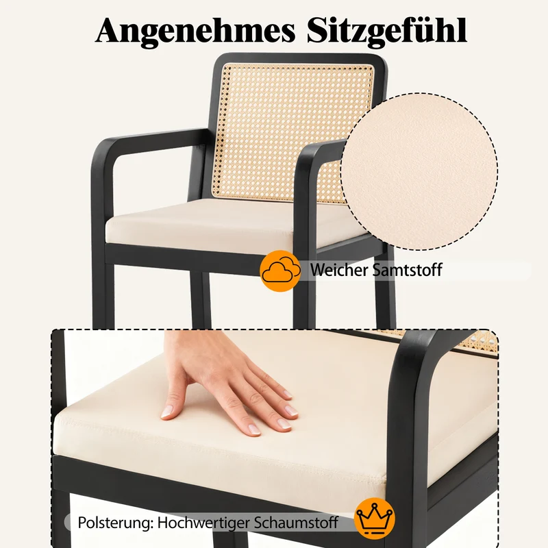 Lot de 2 de chaises de salle à manger dossier rotin, velours beige et bois noir - élégance rétro HELIOCURRENT