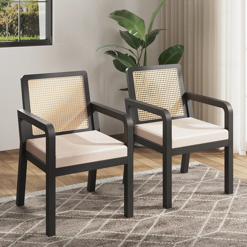 Lot de 2 de chaises de salle à manger dossier rotin, velours beige et bois noir - élégance rétro HELIOCURRENT