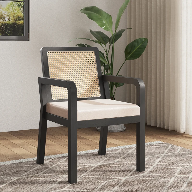 Lot de 2 de chaises de salle à manger dossier rotin, velours beige et bois noir - élégance rétro HELIOCURRENT
