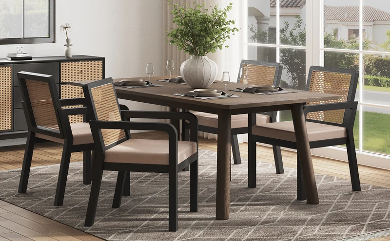Lot de 2 de chaises de salle à manger dossier rotin, velours beige et bois noir - élégance rétro HELIOCURRENT