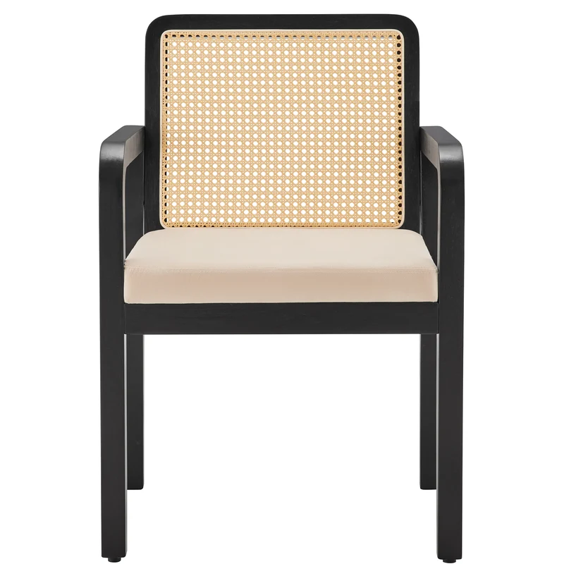 Lot de 2 de chaises de salle à manger dossier rotin, velours beige et bois noir - élégance rétro HELIOCURRENT