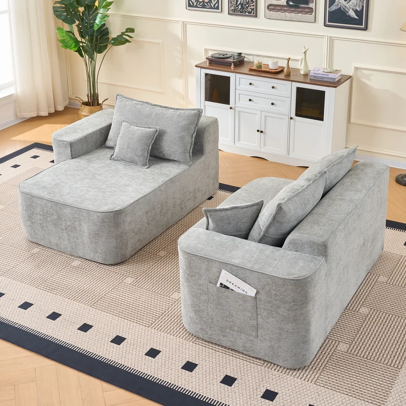 Canapé d'angle XXL L-Form modulable 264cm en chenille gris clair, profond, sans montage, confort moelleux DECENTRA