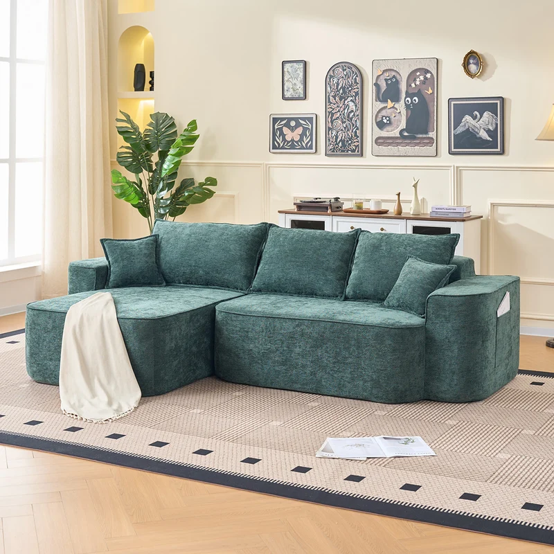 Canapé d'angle XXL L-Form modulable 264cm en chenille vert, profond, sans montage, confort moelleux BIOLOGY