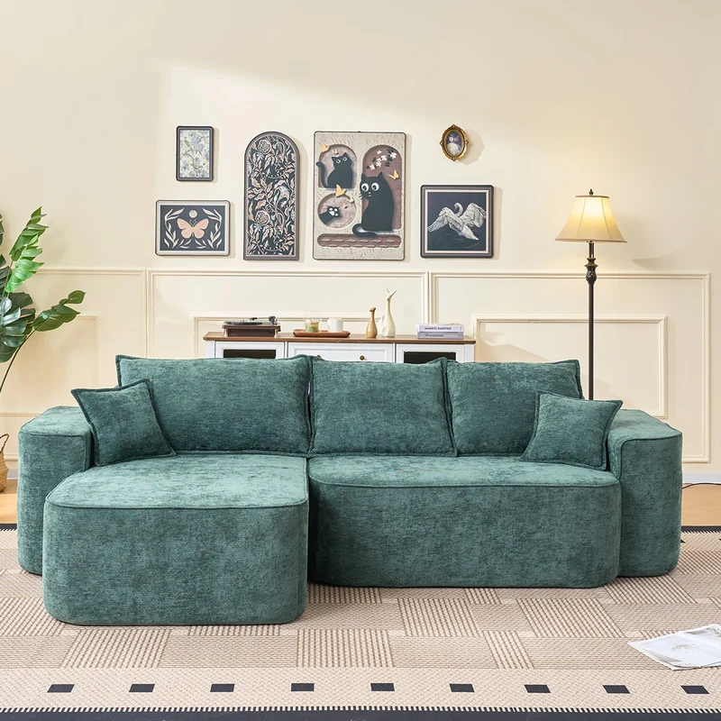 Canapé d'angle XXL L-Form modulable 264cm en chenille vert, profond, sans montage, confort moelleux BIOLOGY