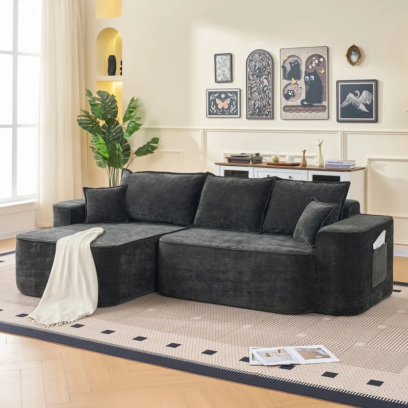 Canapé d'angle XXL L-Form modulable 264cm en chenille noire, profond, sans montage, confort moelleux METAVERS