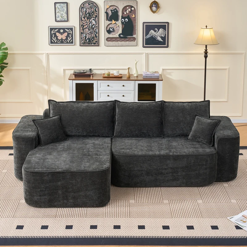 Canapé d'angle XXL L-Form modulable 264cm en chenille noire, profond, sans montage, confort moelleux METAVERS
