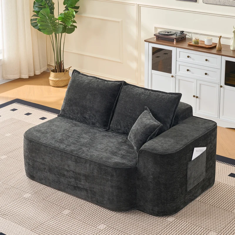 Canapé d'angle XXL L-Form modulable 264cm en chenille noire, profond, sans montage, confort moelleux METAVERS