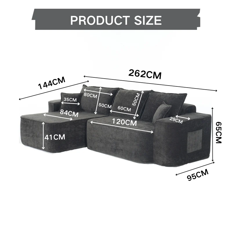 Canapé d'angle XXL L-Form modulable 264cm en chenille noire, profond, sans montage, confort moelleux METAVERS