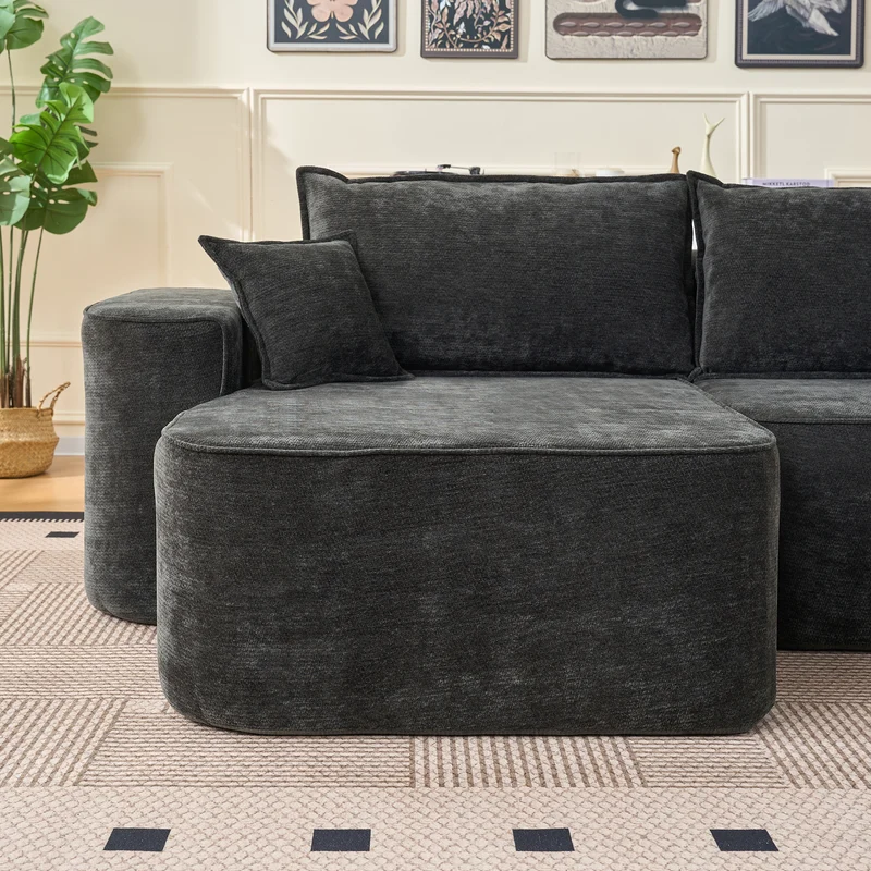 Canapé d'angle XXL L-Form modulable 264cm en chenille noire, profond, sans montage, confort moelleux METAVERS
