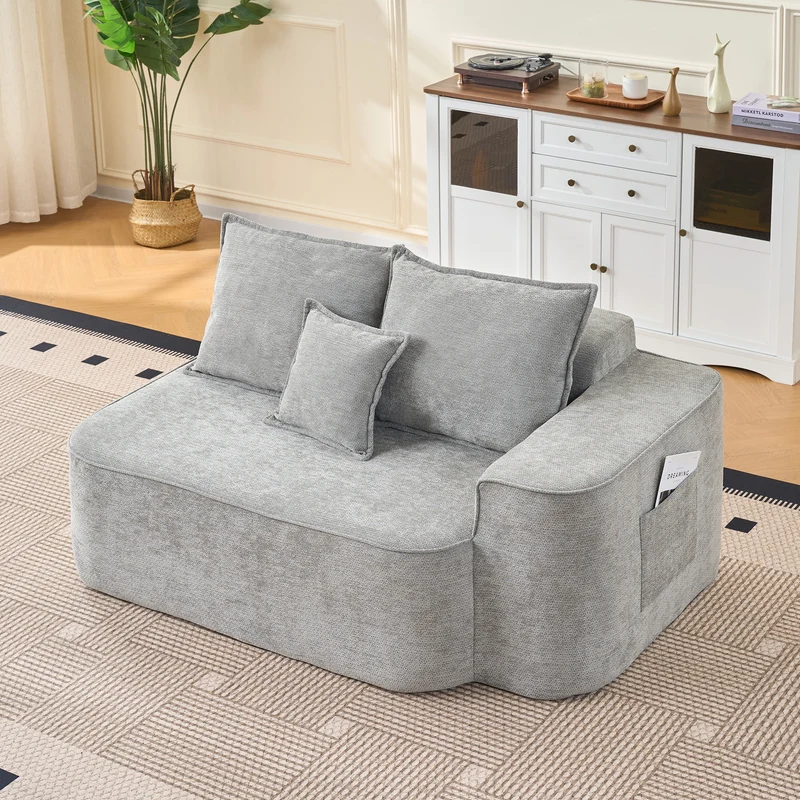 Canapé 2 places sans montage chenille gris clair, poches latérales, assise moelleuse PROCESS