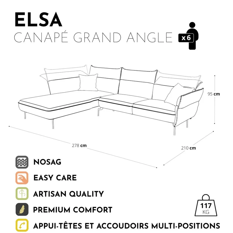 Canapé grand angle gauche ELSA Velours