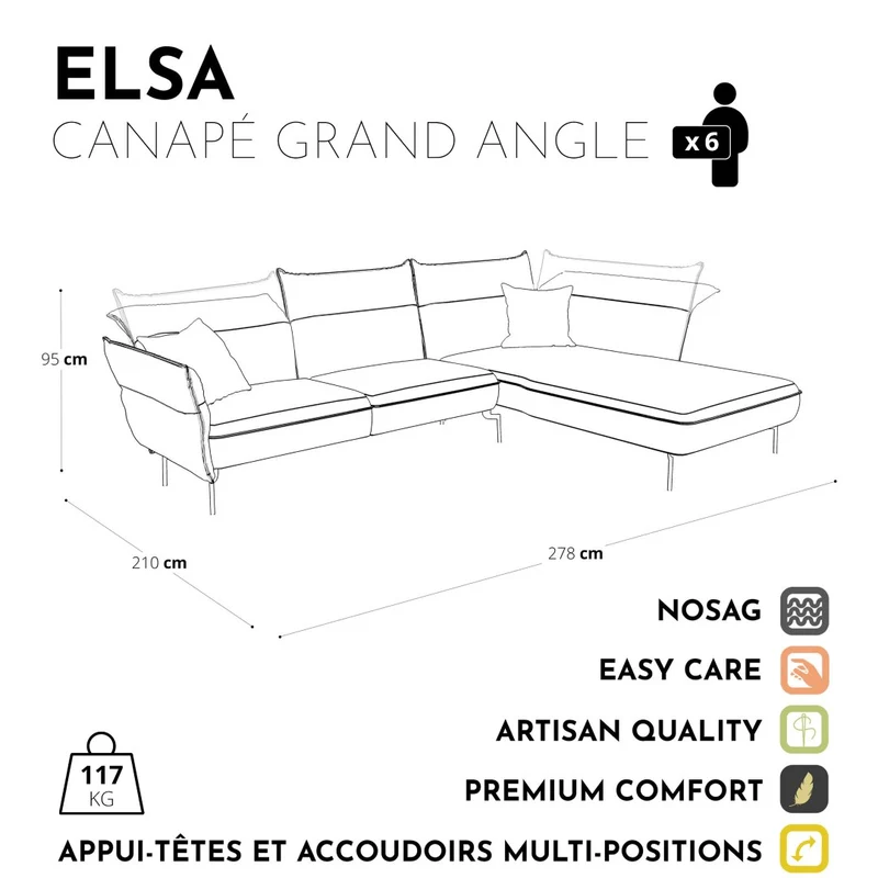 Canapé grand angle droit ELSA Tissu tramé