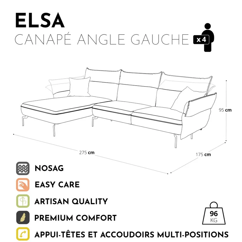 Canapé d'angle gauche ELSA Velours