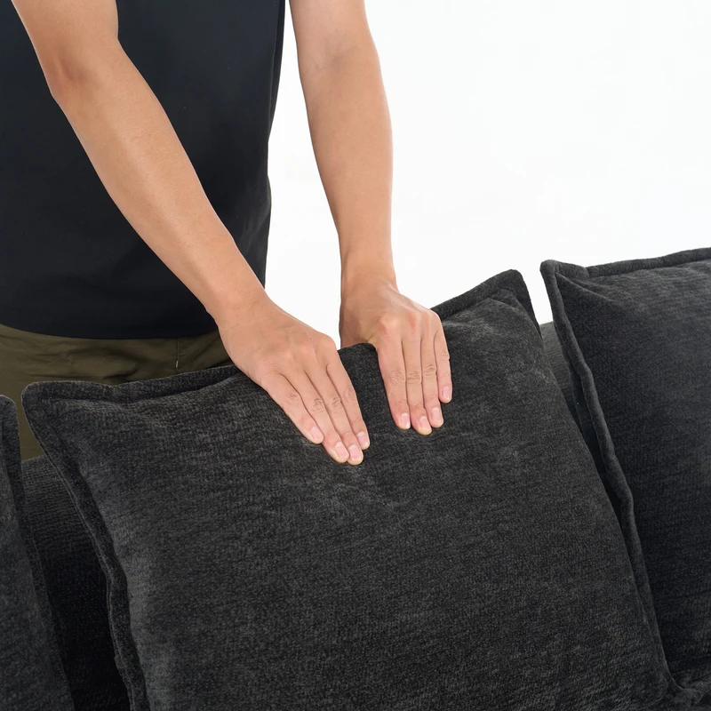 Canapé 2 places sans montage chenille noir, poches latérales, assise moelleuse LANDFILL