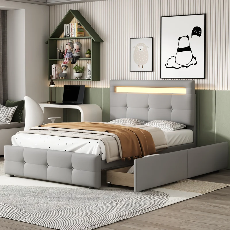 Lit simple capitonnée gris éclairage LED et 2 tiroirs de rangement 90x200 cm (matelas non inclus) REFORESTAT