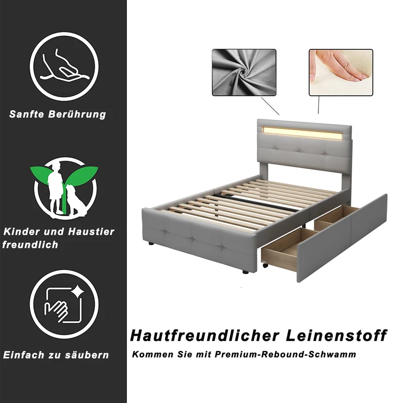 Lit simple capitonnée gris éclairage LED et 2 tiroirs de rangement 90x200 cm (matelas non inclus) REFORESTAT