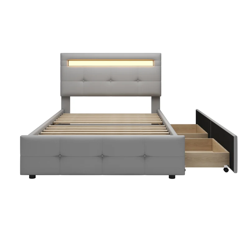 Lit simple capitonnée gris éclairage LED et 2 tiroirs de rangement 90x200 cm (matelas non inclus) REFORESTAT